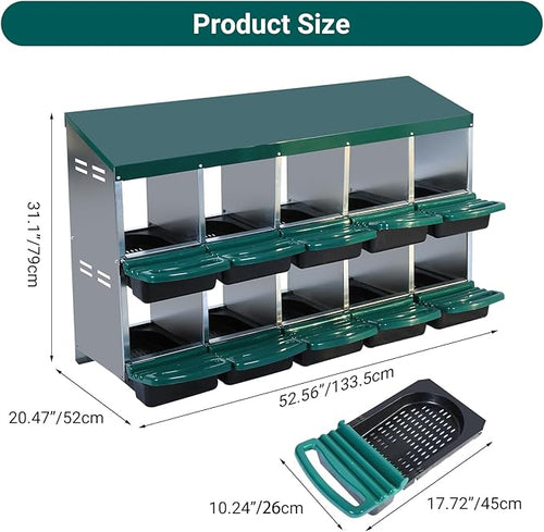 10-Hole Chicken Nesting Box with Removable Lid, Metal Chicken Coops with Roll Away Design/Easy Egg Collection/Ventilation Holes, for Chickens Coops, Duck and Hens