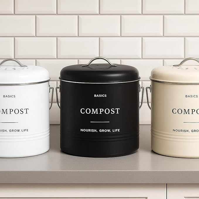D'Lifeful Kitchen Compost Bin – 1.3 Gallon Countertop Farmhouse Compost Container with Lid – Odorless Indoor Food Scrap Pail with 6 Charcoal Filters – Eco-Conscious and Easy to Clean - Cream