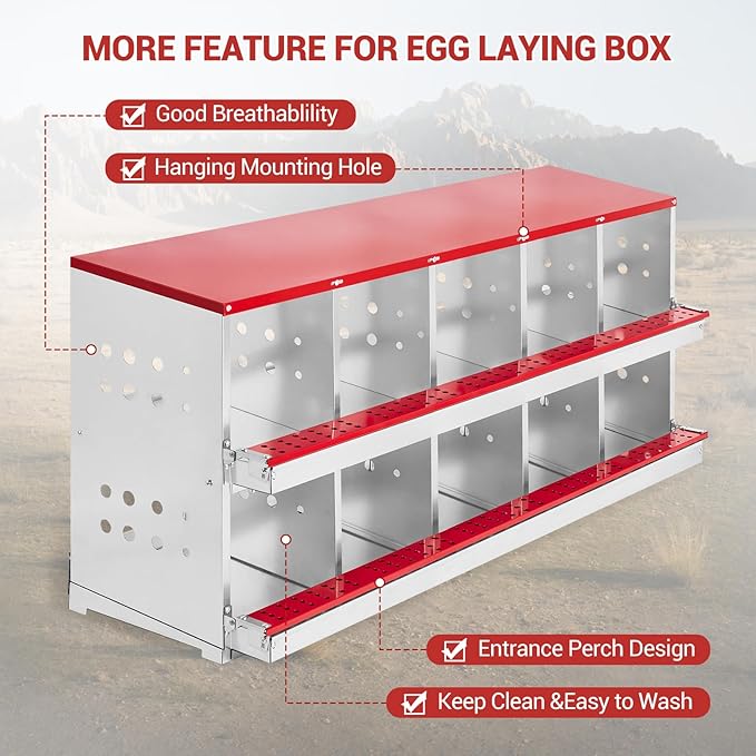 Heavy Duty Metal Chicken Nesting Box – 10 Compartments, Roll-Out Egg Collection, Pull-Out Tray, Swing Perch, Wall Mount, Easy Clean, for Hens, Chickens & Ducks, Indoor/Outdoor, with Cover-Red,