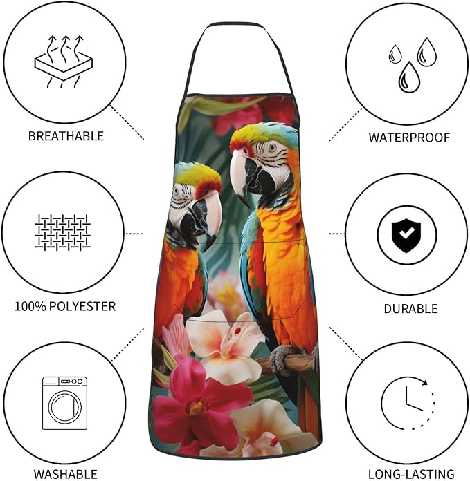 Kitchen Aprons for Men Women Waterproof Apron with 2 Pockets Tropical plants and parrots Apron Adjustable Bib Aprons