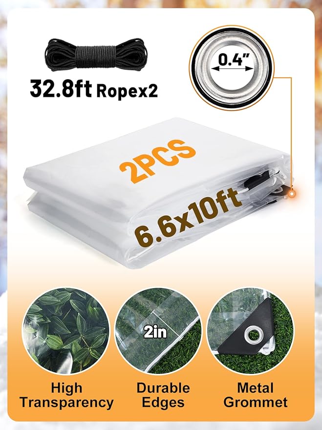 2 Pcs 6.6 x 10 ft Thicken Waterproof Clear Tarp - 5 mil Anti-Tear Windproof Garden Transparent Poly Tarpaulin, Snowproof PVC Tarp with Grommets for Winter Greenhouse Patio Enclosure Chicken Coop