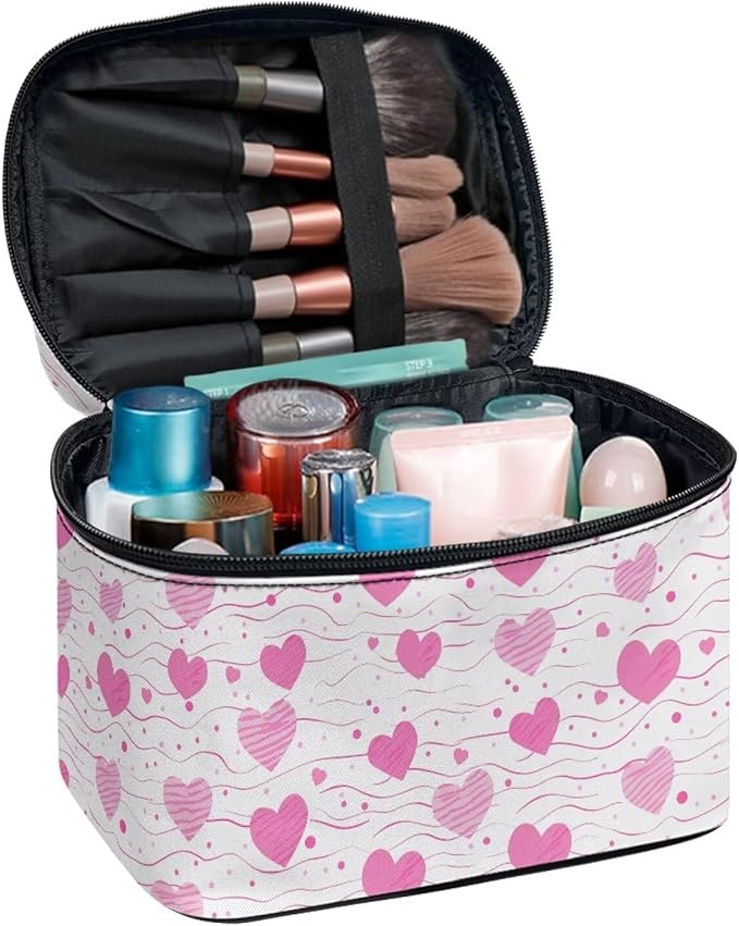 Travel Makeup Bags for Women Portable Tote Cosmetic Case with Carry Handle Toiletry Accessories Storage Organizer Bags for Valentine's Day, Heart Shapes Pink