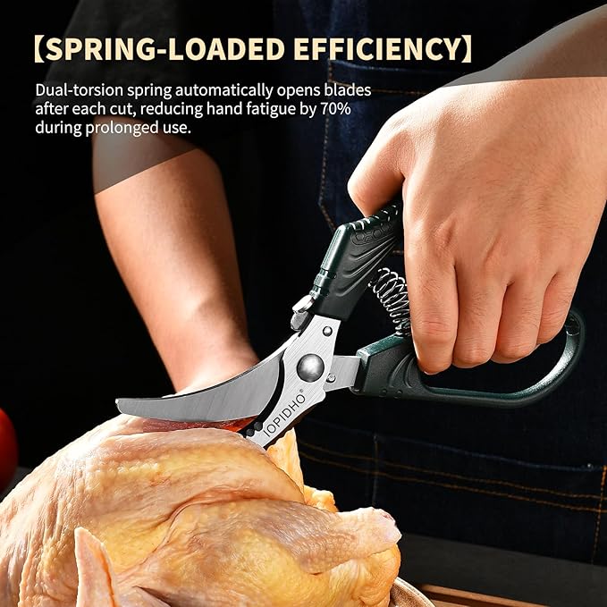 Heavy Duty Poultry Shears, Kitchen Shears with Non-Slip Handle & Safety Lock, All Purpose Kitchen Scissors for Chicken, Meat Cutting, Turkey, Fish, Vegetables, Spring Loaded, Dishwasher Safe