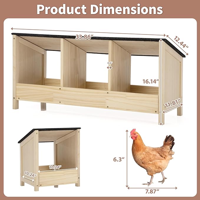 COZIWOW Chicken Nesting Boxes 3 Compartment-Waterproof Asphalt roof, Easy to Install, Wooden Nesting Boxes for Chicken Coop, Egg Laying Boxes for Hens,Ducks,Poultry,Rabbit,Squirrel