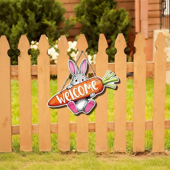 Farmhouse Decor Rustic Welcome Sign, Bunny Welcome Carrot Sign, Easter Bunny Decorations, Watercolor Farm Animal Wall Art Painting Style, Cute Spring Door Sign for Porch or Entryway, 11.8x9 Inches