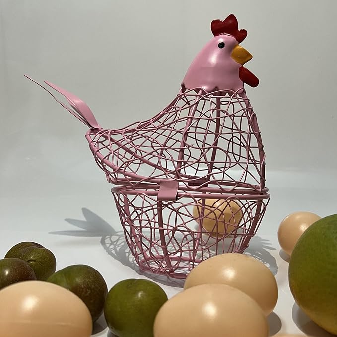 Wire Chicken Egg Basket for Desktop Decorative Ornaments,Egg Holder Chicken Shape Metal Egg Basket for Kids Gathering Fresh Eggs Farmhouse Rooster Wire Basket for Kitchen Countertop Decoration (Pink)