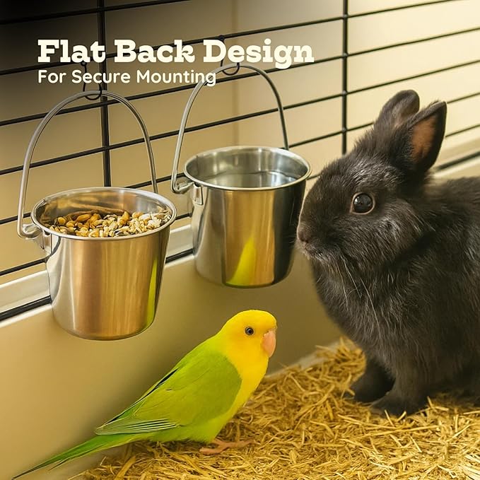 Flat Sided Stainless Steel Bucket 1 Quart Hanging Feeding Pail for Small Dogs Cats Birds, Fits Kennel Cages Compatible, Heavy Duty Food and Water Feeder, 0.25 Gallon Silver Buckets 2 Pack