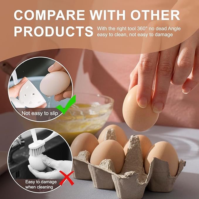 4PCS Egg Wash Brush Silicone Cleaning Brush for Fresh Eggs, Reusable Egg Cleaner Rotating Scrubber for Fruits, Vegetables, Chick Shaped Egg Washer Tool (White)