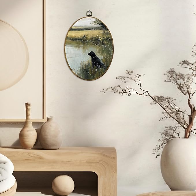 CUANFDDSF Vintage Black Labrador Landscape Oval Wall Art Decor, Countryside Cottagecore Farmhouse Cabin Wall Hanging Decor, French Country Framed Canvas Prints for Bedroom Living Room, 8.6x11.4 Inch