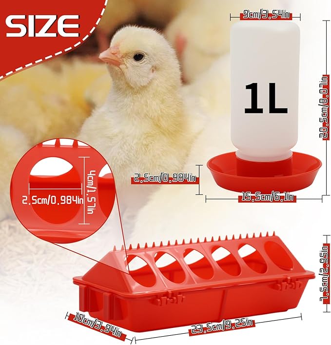 Chicken Feeder and Waterer kit-Flip Top Chick Feeder with 12 Feeding Hole and 1 L Plastic Waterer,Baby Chick Starter Kit for Small Poultry