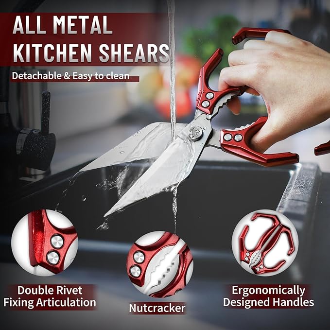 Dream Reach Poultry Shears - Heavy Duty Kitchen Scissors for Food with Ergonomic Handle, Japanese High-Carbon Steel Culinary Shears for Chicken, Meat, Seafood, Bone Cutting, Christmas Gifts (Red)