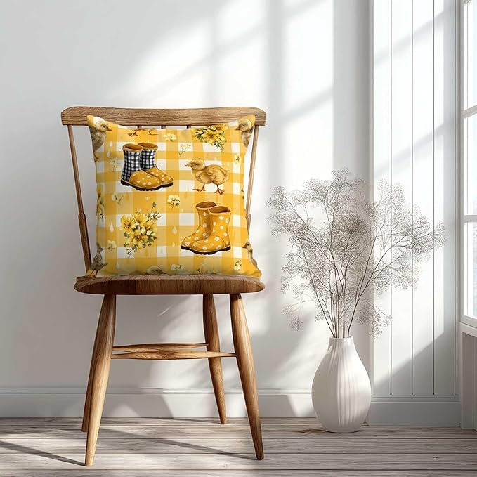 Duck Yellow Gingham Throw Pillow Covers 18x18 Inch, Set of 2 | Spring Farmhouse Square Cushion Cases for Couch Bedroom Nursery | Easter Farm Animal Home Decor, Decorative Pillowcases