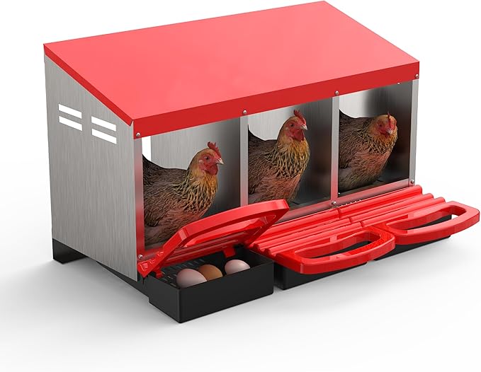 3 Room Chicken Nesting Boxes, 3 Compartment Metal Rollaway Nesting Box for Laying Hens with Cleanable Pull-Out Trays Wall Mount or Placed Design for Chicken Egg Layers