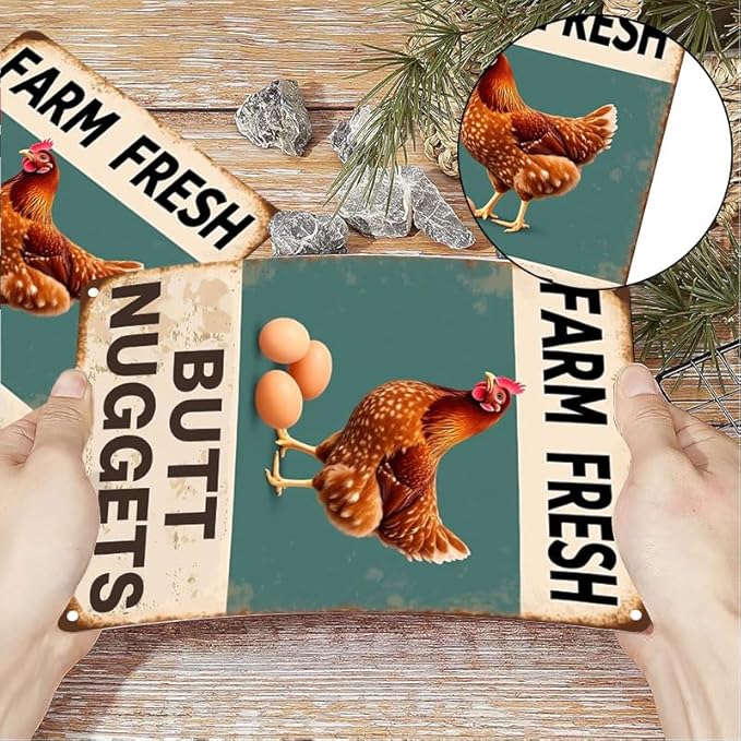 Vintage Metal Signs Chicken Coop Signs for Farm Yard Decor, Farm Tin Signs for Home Kitchen Outdoor Decor, Fresh Butt Nuggets 6x8 inches