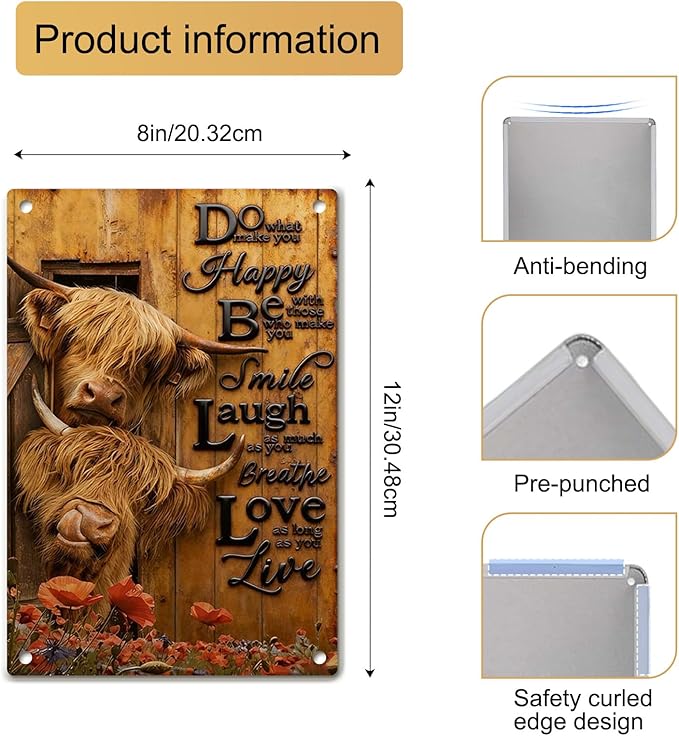 Highland Cow Wall Art Farmhouse Metal Signs Farmhouse Wall Decor Rustic Wall Art Country Wall Decor Inspirational Highland Cow Decor Tin Sign Rustic for Home Bedroom Living Room, 8x12 Inch