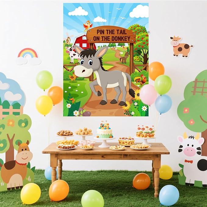 Faccito Farm Animal Games Pin The Tail on The Animals Barn Birthday Party Decorations Farm Poster Games with 24 Stickers Eye Mask for Family Activities Birthday Party Decor Supplies (Donkey)