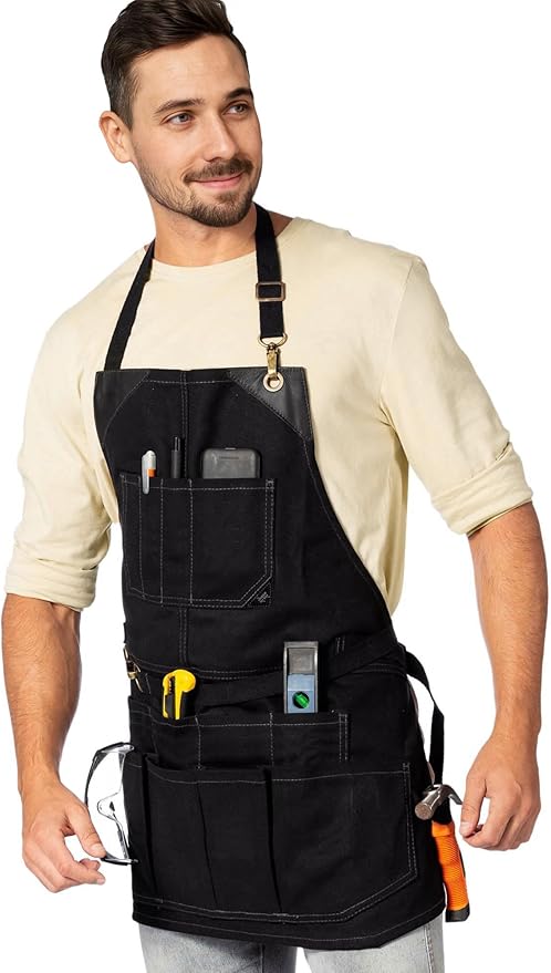 Under NY Sky Tool Black Apron – Heavy-Duty Waxed Canvas, Leather Reinforcement, Extra Pockets – Adjustable for Men and Women – Pro Mechanic, Woodworker, Blacksmith, Plumber, Electrician, Welder Aprons