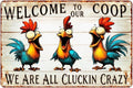 Funny Chicken Coop Sign Welcome to Our Coop Metal Farmhouse Wall Art Vintage Tin Novelty Decor for Hen House 8x12 Inch Gift 8X12Inch