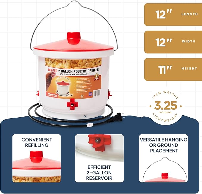 Farm Innovators 4 Pack Heated Chicken Waterer, Poultry Drinker Bucket, 2 Gallon