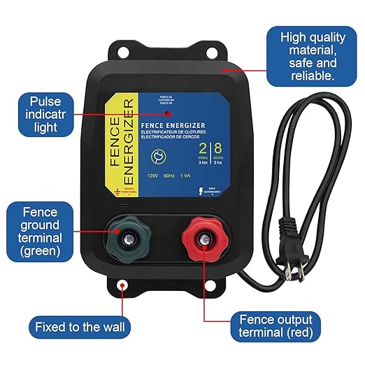 PE2 Electric Fence Energizer for Contain Small Animals, Keep Out Pests and Predators, 8 Acres/2-Mile Output Voltage 5000V, 0.1 Joule,with 17 Gauge Aluminum Wire
