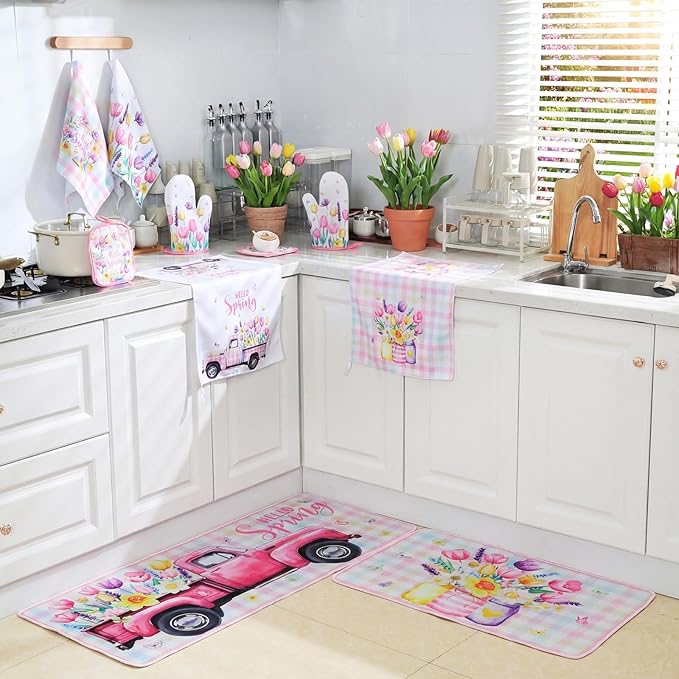 10 Pcs Spring Flower Farmhouse Kitchen Decor Set Dish Towels Kitchen Rugs Oven Mitts and Pot Holders Set for Cooking Baking Grilling Women Mom Daughter Gift(Vibrant Color)