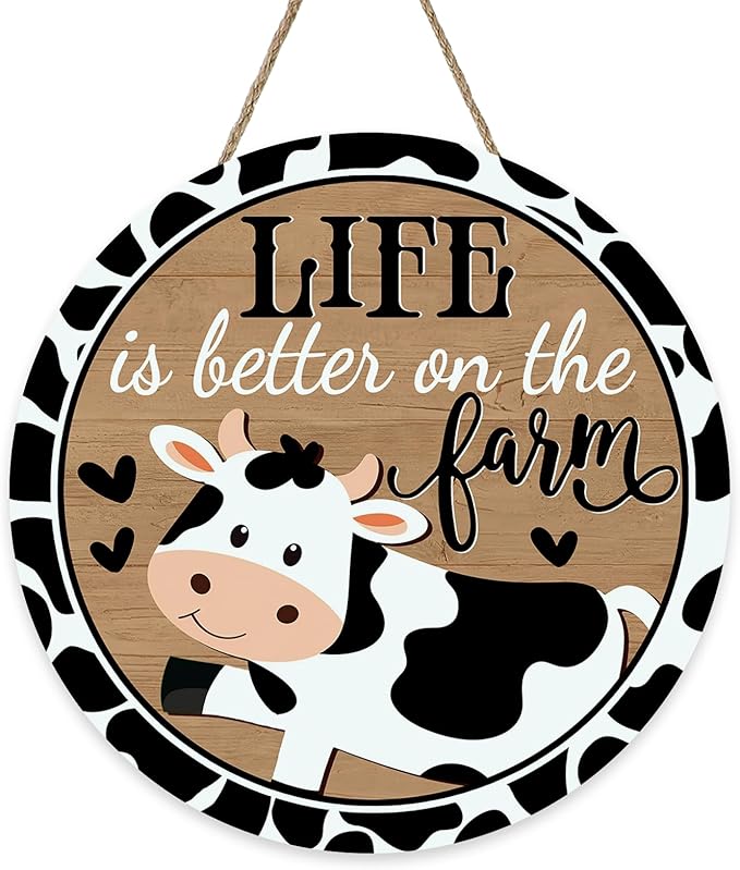 Funny Life is Better on The Farm Cow Print Front Door Sign, Vintage Farmhouse Animals Country Barn Wood Hanger Outdoor Home Decor, Rustic Wooden Wreath Indoor Wall Hanging Decoration Farm Gift