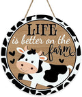 Funny Life is Better on The Farm Cow Print Front Door Sign, Vintage Farmhouse Animals Country Barn Wood Hanger Outdoor Home Decor, Rustic Wooden Wreath Indoor Wall Hanging Decoration Farm Gift