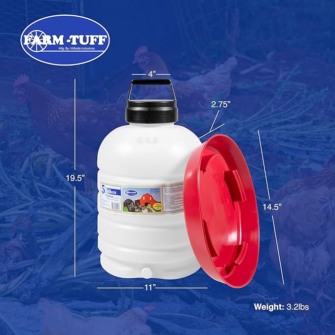 FARM-TUFF Hanging Chicken Waterer, 5 Gallon Capacity - Plastic Poultry Fountain with Top Fill Design - Automatic Water Dispenser for Chickens, Ducks, Turkeys & Game Birds