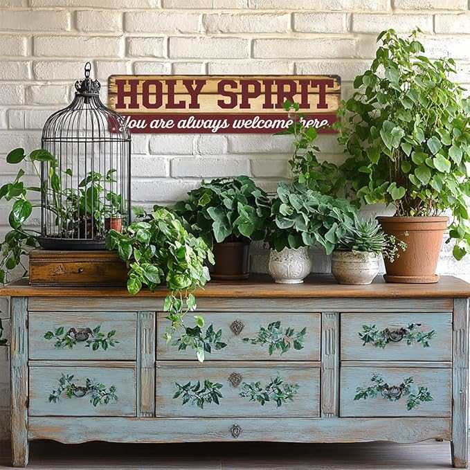 Rustic ''HOLY SPIRIT You are always welcome here'' Decorative Tin Sign, 16x4 Inch, Farmhouse Religious Art Wall Sign For Home, Porch, Patio, Yard, Garage Hanging Decor, Room Decor