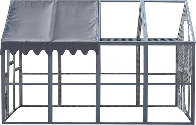 KEIKI Chicken Coop, 9.3 x 6.2 x 6 FT, Large Wooden Chicken Run with Waterproof Cover, Outdoor Walk-in Hen House, for Backyard Farm, Grey