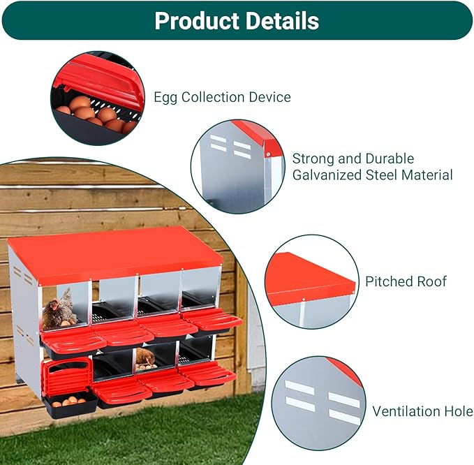 8-Compartment Roll-Away Metal Chicken Nesting Box – Easy Egg Collection, Durable Hen Laying Box with Lid Cover, Cleanable, Red, No Bracket Legs for Coops