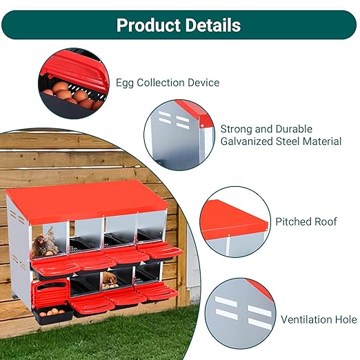 Garvee Chicken Nesting Boxes, 8 Hole Metal Chicken Laying Box with Removable Trays for Chicken Coop, Red