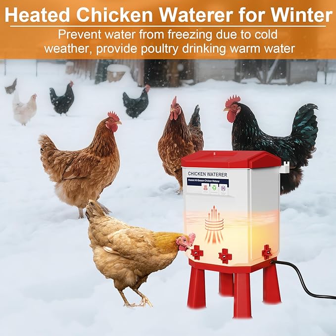Heated Chicken Waterer 1.9 Gal, Winter, Freeze Proof Chicken Waterer, 4 Nipples for Clean Water，Detachable Legs, Adjustable Height for Chickens, Pigeons, Beaked Poultry