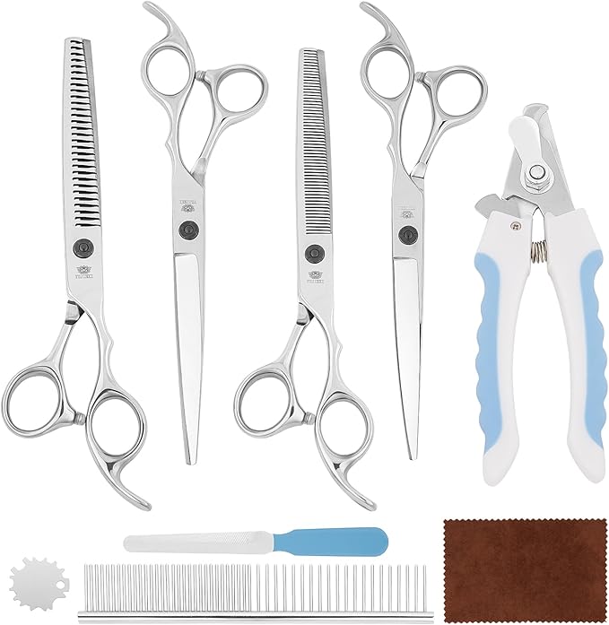 Dog Grooming Scissors Set – 6 in 1 Silver Pet Grooming Kit with Curved, Thinning, Chunker & Straight Shears + Comb – 440C Stainless Steel, Sharp & Durable for Dogs & Cats
