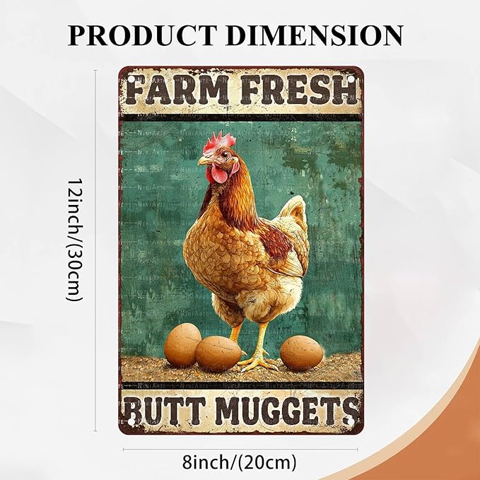 Vintage Chicken Farm Metal Sign Chicken Coop Farm Fresh Butt Nuggets Metal Poster Home Garden Farmhouse Restaurant Garage Aluminium Sign Art Wall Decor 8X12Inch