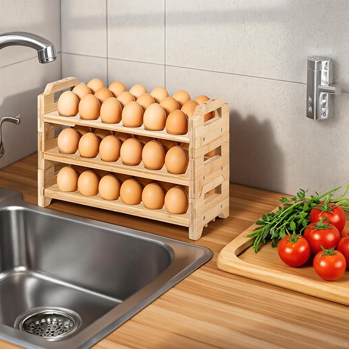 3 Pack Wooden Egg Holder Stackable Egg Storage for Countertop Eggs Collecting Storage Display Rack Holding Up to 54 Fresh Eggs for Chicken, Duck, Turkey Quail