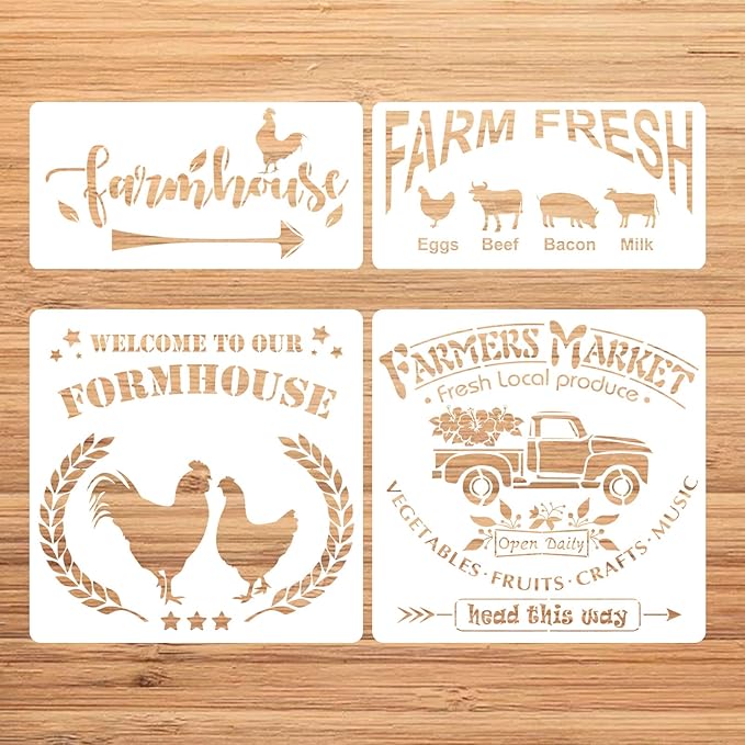 Farmhouse Stencils for Painting on Wood,Farm Fresh Market Reusable Painting Stencils,Large Farm Theme Stencils,Farm Theme Drawing Art Template for Farmhouse Craft Display Prints