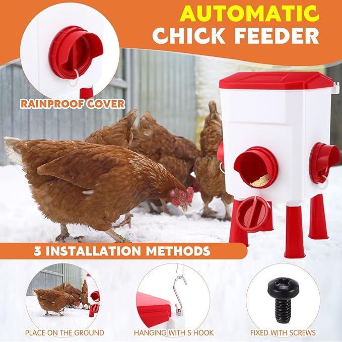 4 Pcs 1.8 Gallon 2 in 1 Heated Chicken Waterer with Heated Stainless Steel Table 18 Pounds Automatic Chicken Feeder Waterproof Outlet Box Pipe Insulation Tape Wrap for Winter Chick Coop