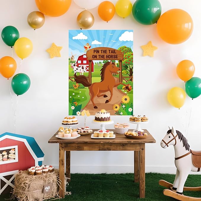 Faccito Farm Animal Games Pin The Tail on The Animals Barn Birthday Party Decorations Farm Poster Games with 24 Stickers Eye Mask for Family Activities Birthday Party Decor Supplies(Horse)