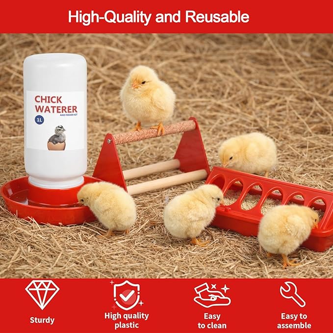 Chick Feeder and Waterer Set, 5 Pcs Baby Chicken Supplies with Chicks Feeder Trough, 1L Waterer and Perch, Chicken Starter Kit for Small Poultry Ducks Quail Brooder Coop