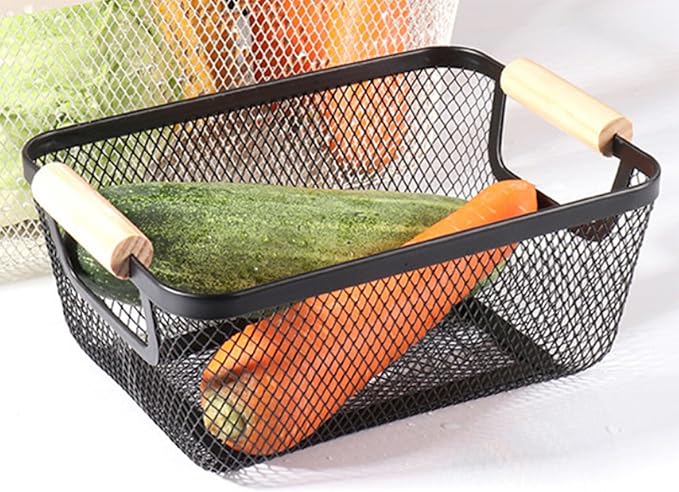 Metal Mesh Steel Basket, Small Wire Storage Organizer Basket Multi-function Hanging Kitchen Basket with Wood Handle for Kitchen Bathroom Picnic Home, Rectangle-Black