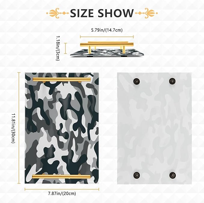 Bathroom Vanity Tray Counter Organizer, Camouflage Black White Pattern Decorative Tray with Handles Countertop Storage for Bathroom Bedroom Kitchen Home Farmhouse