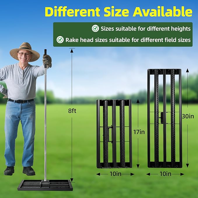 Lawn Leveling Rake 30"×10", Stainless Steel Landscaping Tool with 8ft Adjustable Handle, Effort-Saving with 2 Rollers, Foldable Leveler Rake for Yard, Topsoil, Farm, Backyard, Black
