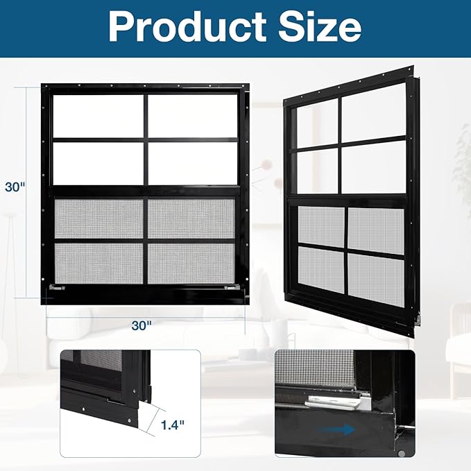 Yuzzy Shed Windows 2 Pack, Chicken Coop Windows 30" x 30" with Tempered Glass and Fiberglass Screen, Flush Mounted Small Window for Shed, Barns, Playhouse, Household, Garage (Black)