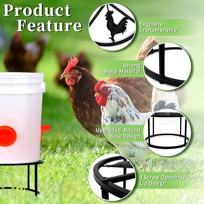 4Pcs Chicken Waterer Feeder Stand Metal Stand Rack with 4 Legs & Round Base Heavy Duty Supports Holder for Buckets Barrels Equipped Installed with Feeder Waterer Port for Coop Poultry Indoor Outdoor