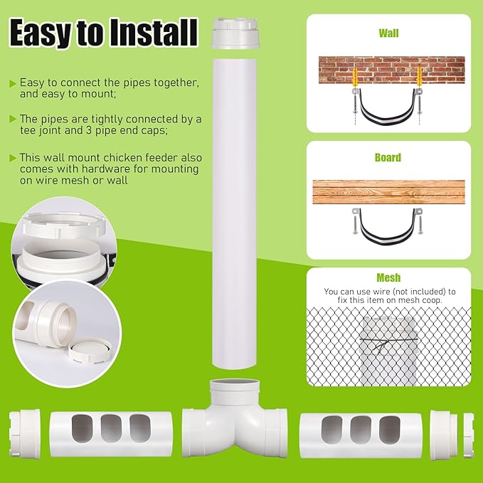 PVC Pipe Chicken Feeder No Waste Automatic Chicken Feeder Tube 12 Lbs Capacity, Wall Mounted Gravity Fed Poultry Feeder with 6 Feeding Holes for Chicken Coop