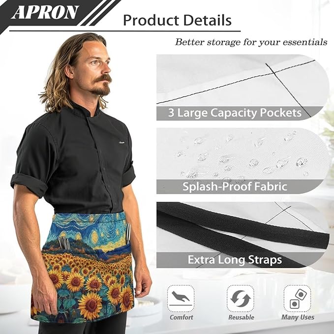 Waist Apron with 3 Pockets Waterproof 13 Inch Short Half Waist Aprons Women Men Server Aprons Waitress Waiter Apron