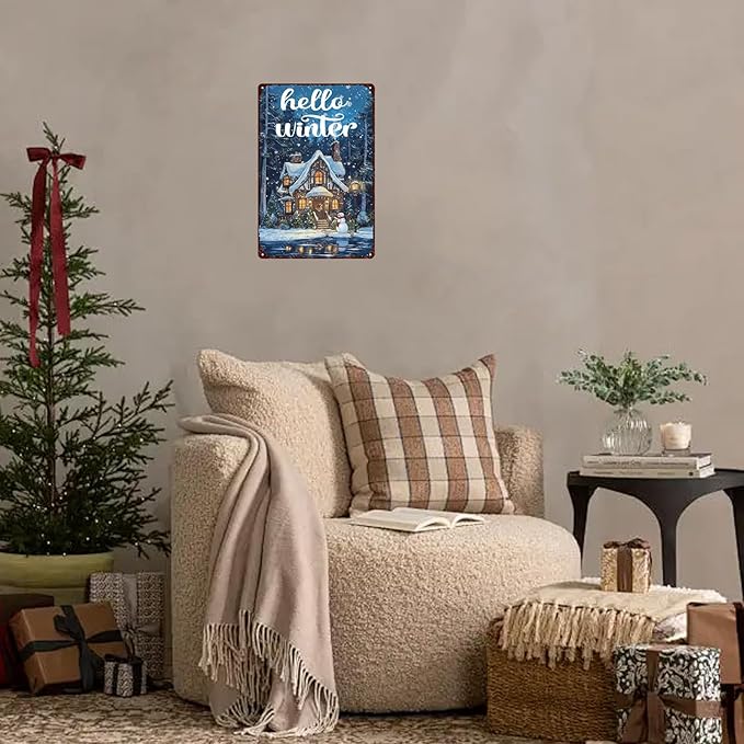 Hello Winter Sign Aluminum Metal Sign Funny Tin Sign for Home Farmhouse Bar Cafe 12×8 Inch