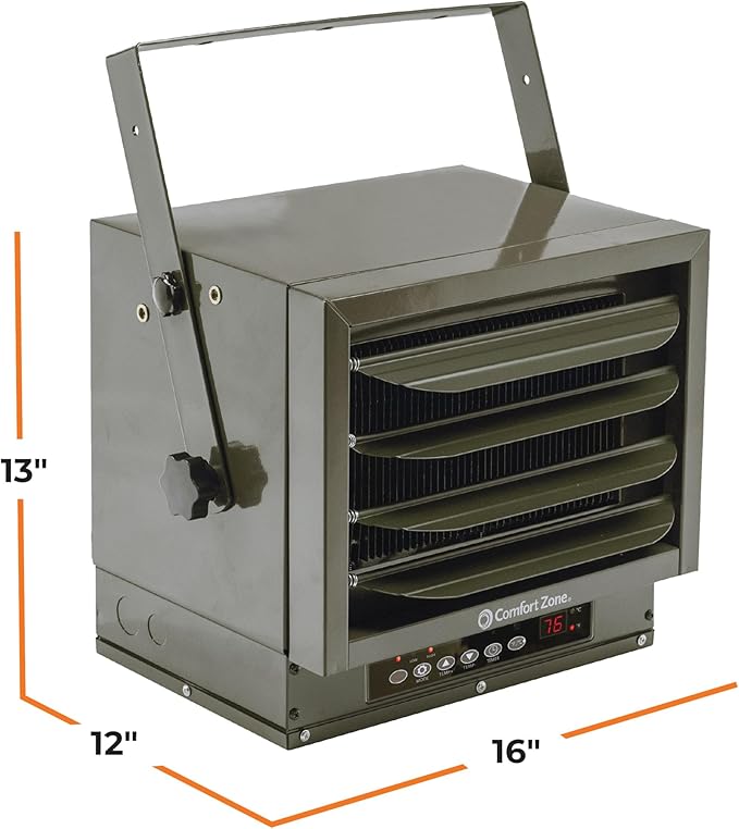 Comfort Zone 7500W Hard-Wired Garage Heater – Industrial & Commercial Ceiling Mount, 240V Fan-Forced with Remote, Digital Thermostat, Timer, 2 Heat Settings, Overheat Protection, Grey