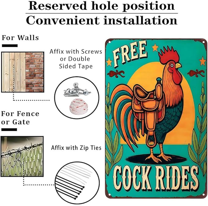Funnysign Vintage Free Cock Rides Chicken Tin Sign for Chicken Coop Farm Kitchen Garden Yard Decor 8x12 inch (3939)